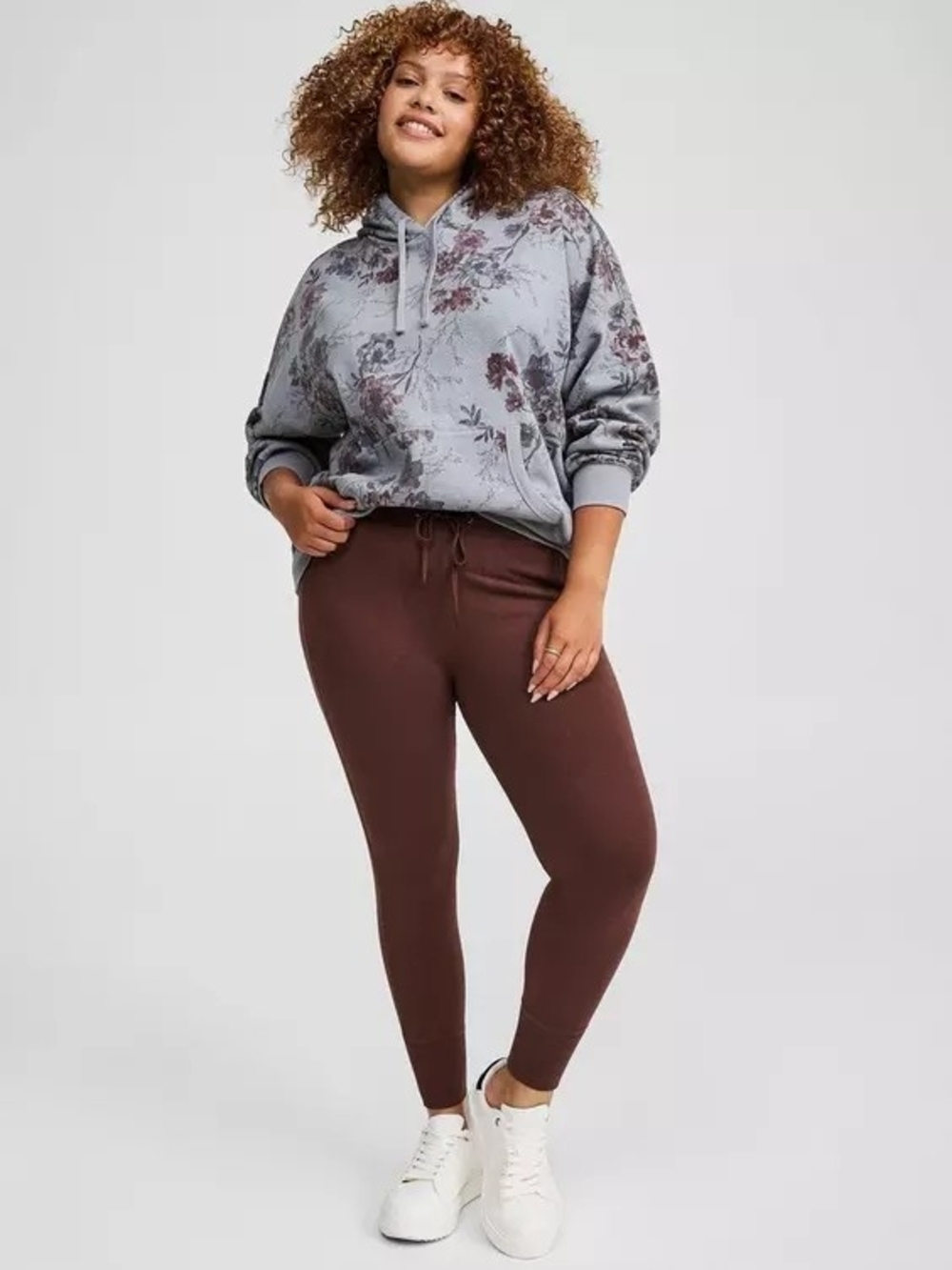 Torrid Cozy Fleece Relaxed Hoodie Print Sweatshirt-Gray with Mauve Floral - Picture 2 of 5